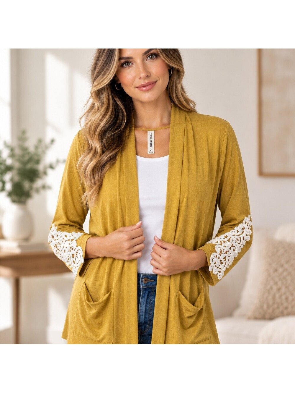 Zanana Premium Mustard Yellow Crochet Sleeve Cardigan Small 5121